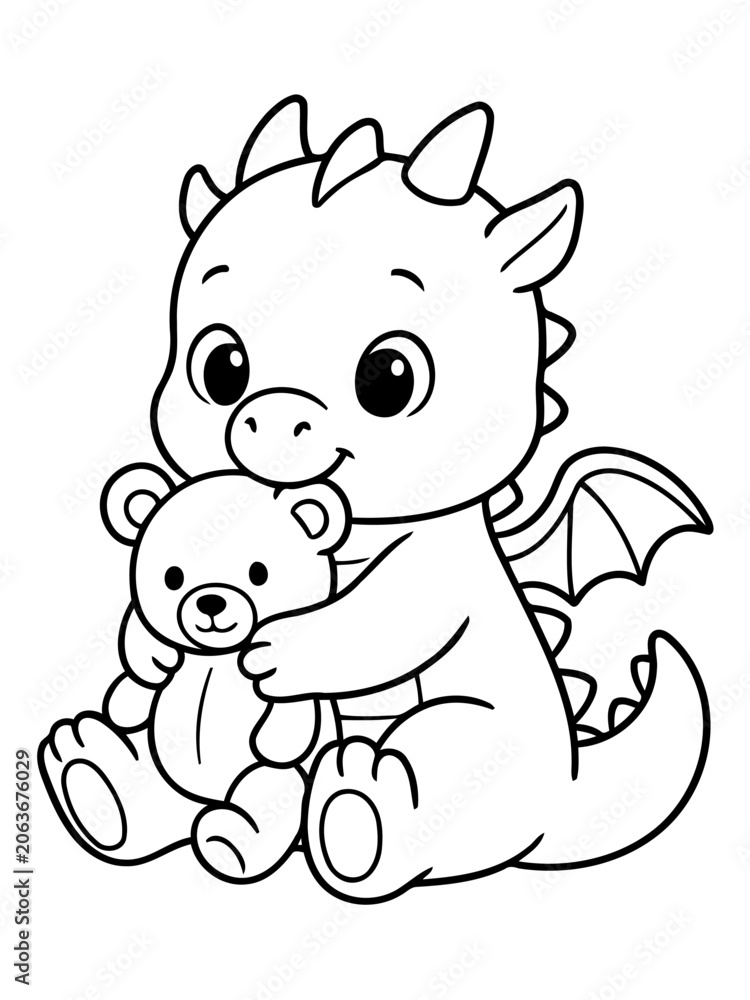 Fototapeta premium Cute Dragon Hugging Teddy Bear: A charming, cartoon-style baby dragon with large, expressive eyes cuddles a small teddy bear, radiating innocence and warmth.