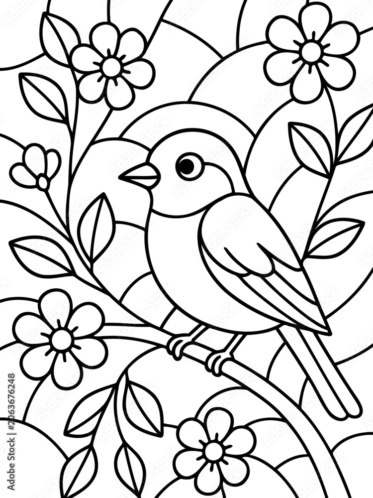 Fototapeta premium A Bird and Blossoms Coloring Page: An artistic illustration of a cute bird perched on a flowering branch, presented in a style reminiscent of stained glass, perfect for creative expression.
