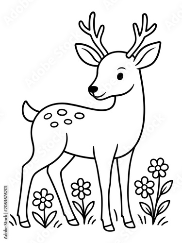 Cute Deer Coloring Page: A charming cartoon deer with spots and antlers stands in a field of flowers, perfect for a child's coloring book or educational material.