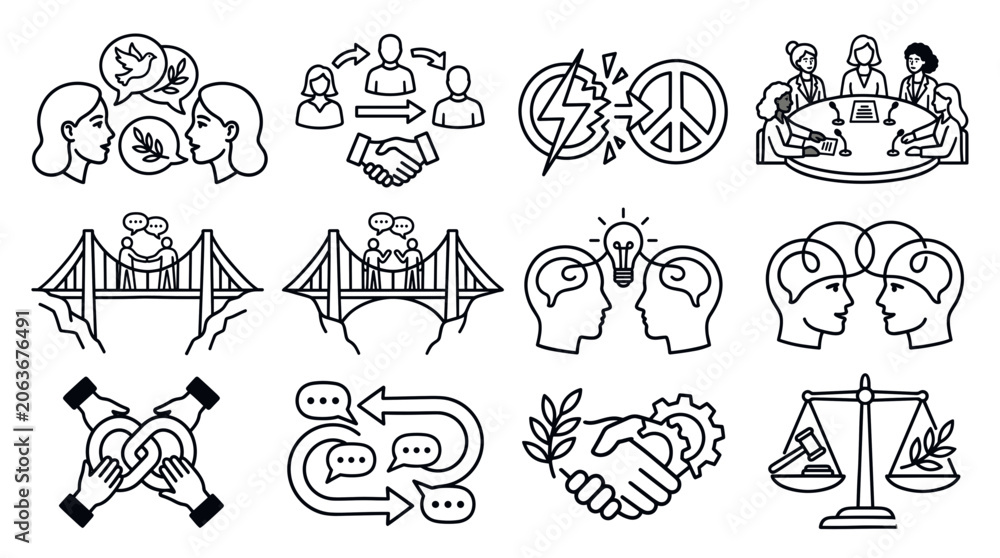 Obraz premium Global Cooperation and Peacebuilding Outline Icon Vector Collection