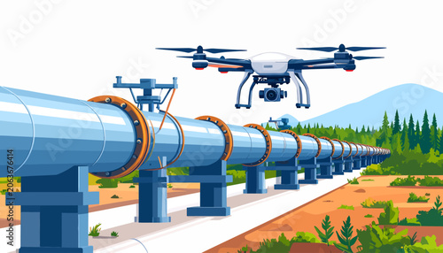 Advanced Drone Monitoring Gas Pipeline in Rural Landscape Vector Illustration