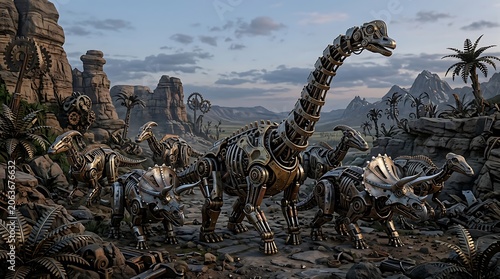 Mechanical Steampunk Dinosaurs in a Prehistoric Landscape