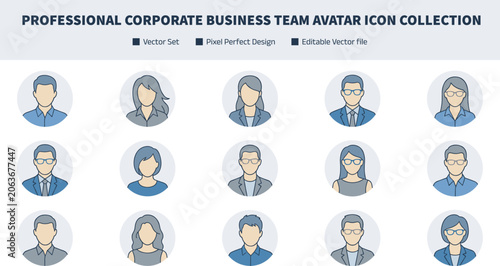 Professional Corporate Business Team Avatar Icon Collection with Male and Female Profile Portrait Symbols for Human Resources Graphic Design Projects