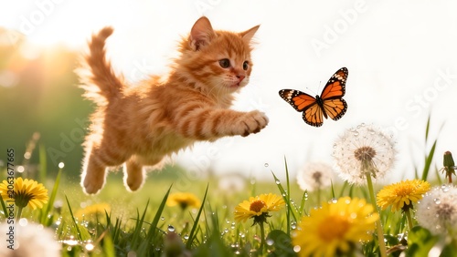 Kitten chasing butterfly in field