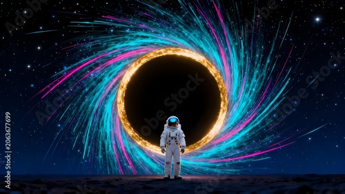 Astronaut standing before a colorful cosmic portal