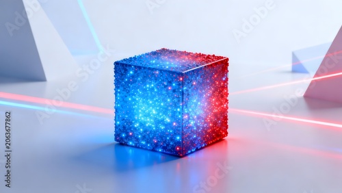 Cube with glowing lights on reflective surface