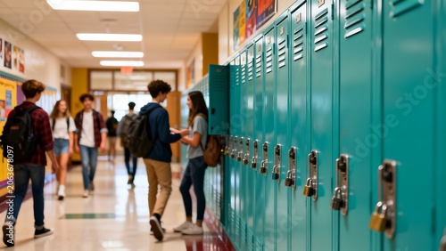 Students in a school hallway with lockers