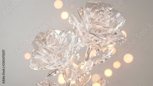 Glass rose sculptures with bokeh lights