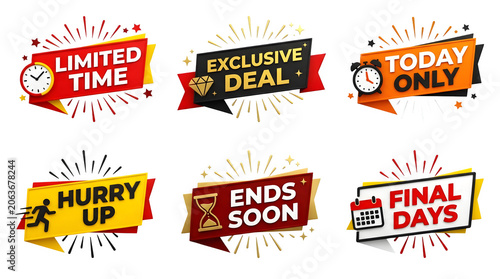 Set of promotional sale banners with timelimited offer icons isolated on transparent background