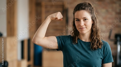 Strong fit woman flexing her bicep in a gym setting