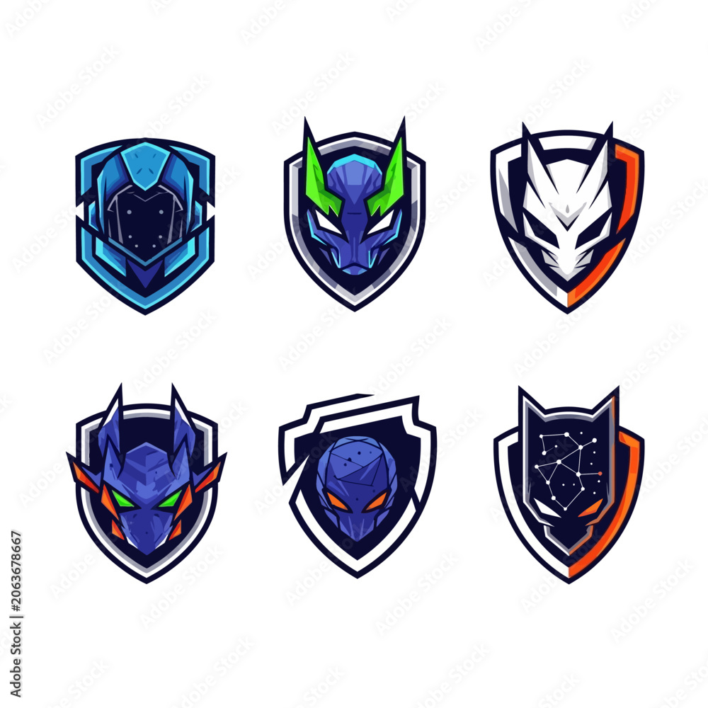 Obraz premium Esports Logo Shields Collection: Futuristic Sci-Fi Robot and Alien Heads