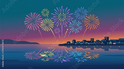 Colorful fireworks over small town lake with water reflections