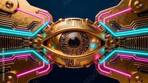Golden eye with neon circuitry