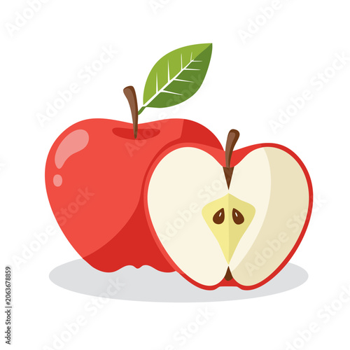 Red Apple and Slice with Green Leaf Illustration