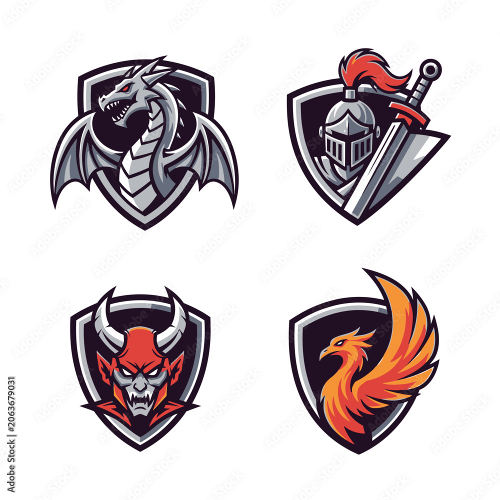 Obraz premium Fantasy Creature Emblems: Dragon, Knight, Demon, Phoenix - Vector Icons