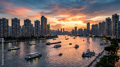 Modern City Skyline at Sunset with Boats on Busy River