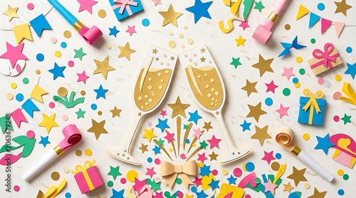 Festive Paper Cutout Celebration with Champagne Toast and Confetti