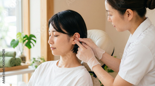 耳つぼサロンでリラックスする女性　生成AI素材