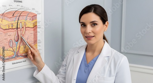 Female dermatologist pointing at an anatomical skin structure chart in a clinic