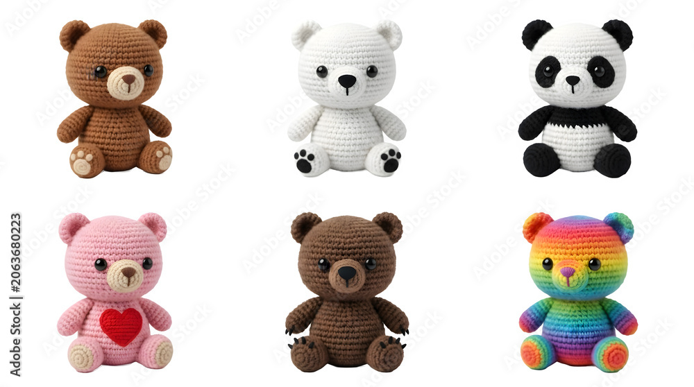 Fototapeta premium Set of six cute crochet teddy bears isolated on transparent background