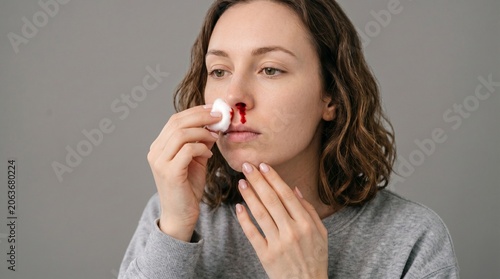 A young woman with wavy brown hair holds a soft white cotton pad against her bleeding nose to stop the flow of blood during illness.