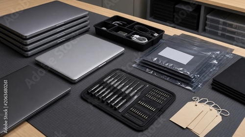 Laptops and tools set up on a table in a workspace for organization and preparation of equipment