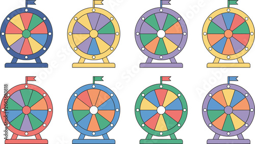 Foto Set of colorful prize wheels isolated on white background vector illustration featuring lucky spin wheels for contests, giveaways and reward game concepts