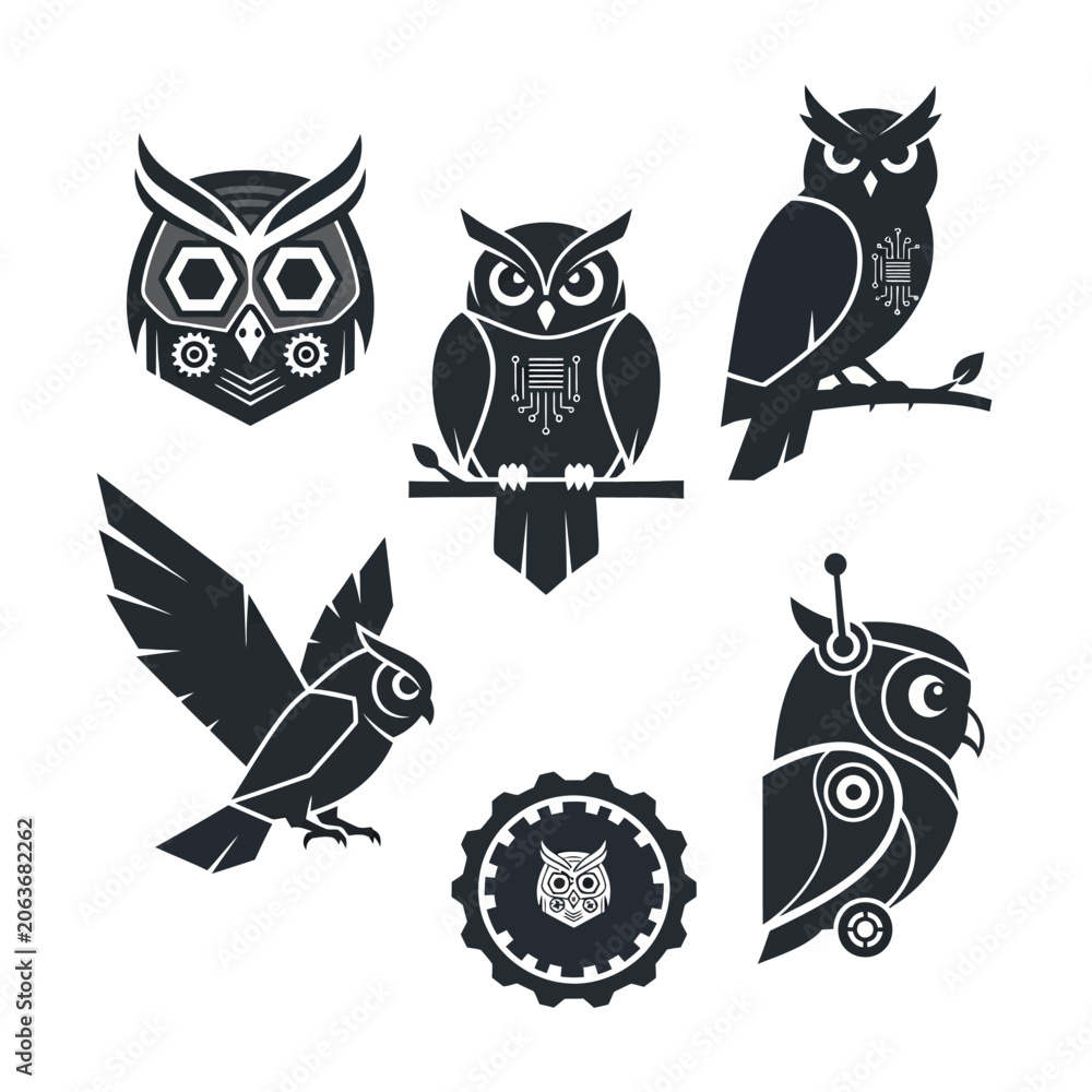 Fototapeta premium Robotic Owl Icons Set: Technology, Wisdom, and Modern Design