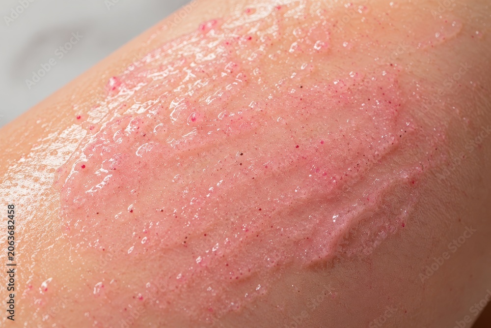 Fototapeta premium Woman applying exfoliating body scrub on skin. Gel texture with particles for peeling and pore cleansing. Beauty product for spa treatment, skincare routine and body massage therapy.