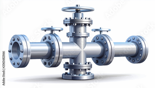 3D Rendered Industrial Steel Pipeline Valve Assembly Featuring Flanged Connections and Heavy Duty Mechanical Flow Control Components
