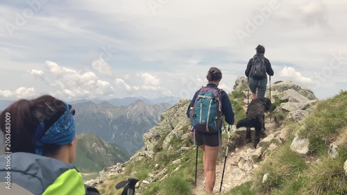 Women hikers with dog in the mountains