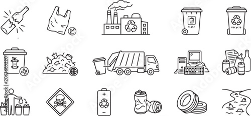 Bild auf Leinwand Recycling And Pollution Line Icons On White Background