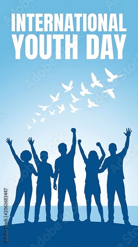 International youth day poster illustration with silhouettes celebrating together under birds