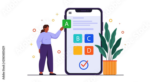 Woman interacting with large smartphone, mobile app tutorial, e learning concept, business background