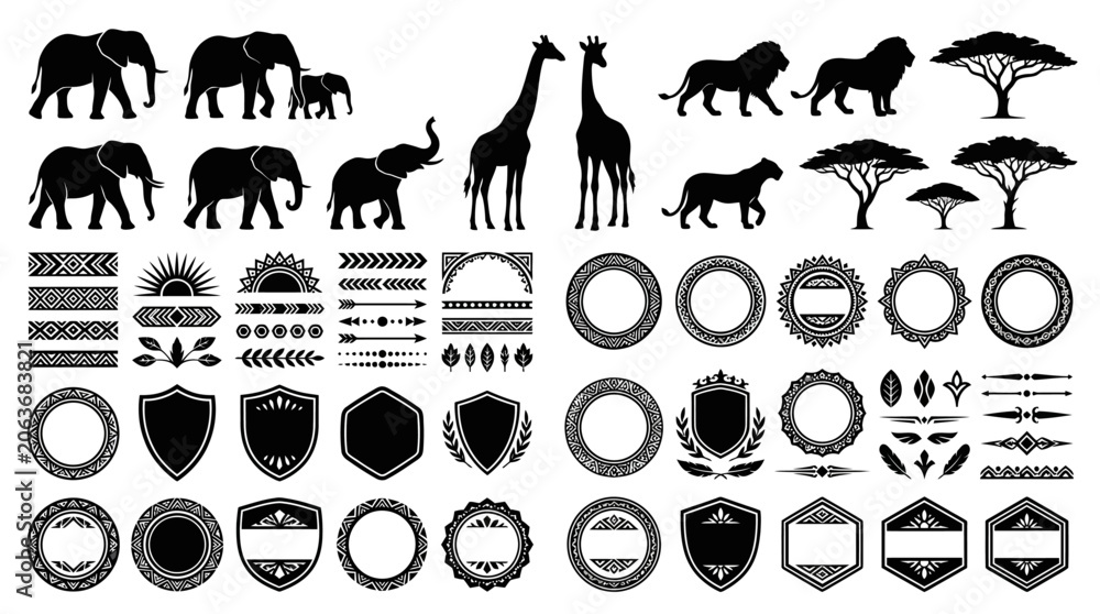 Fototapeta premium Black silhouettes of various African animals.