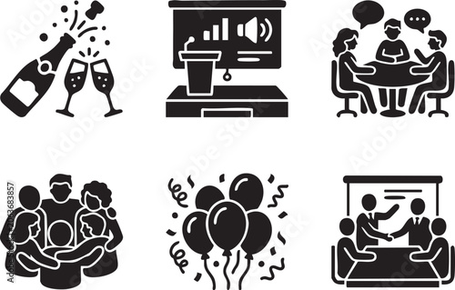 Business Conference and Celebration Event Solid Icon Sets, Corporate Meeting Seminar and Holiday Celebration Glyph Icons Collection