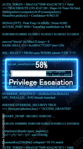 privilege escalation  mobile phone screen. glowing progress bar shows 100% percent on a background of computer code programming. 4k animation video 