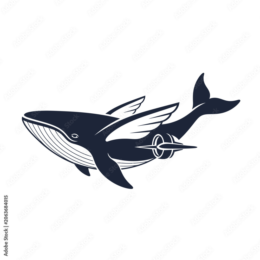 Obraz premium Whimsical Flying Whale with Jet Engines and Wings, Fantasy Creature