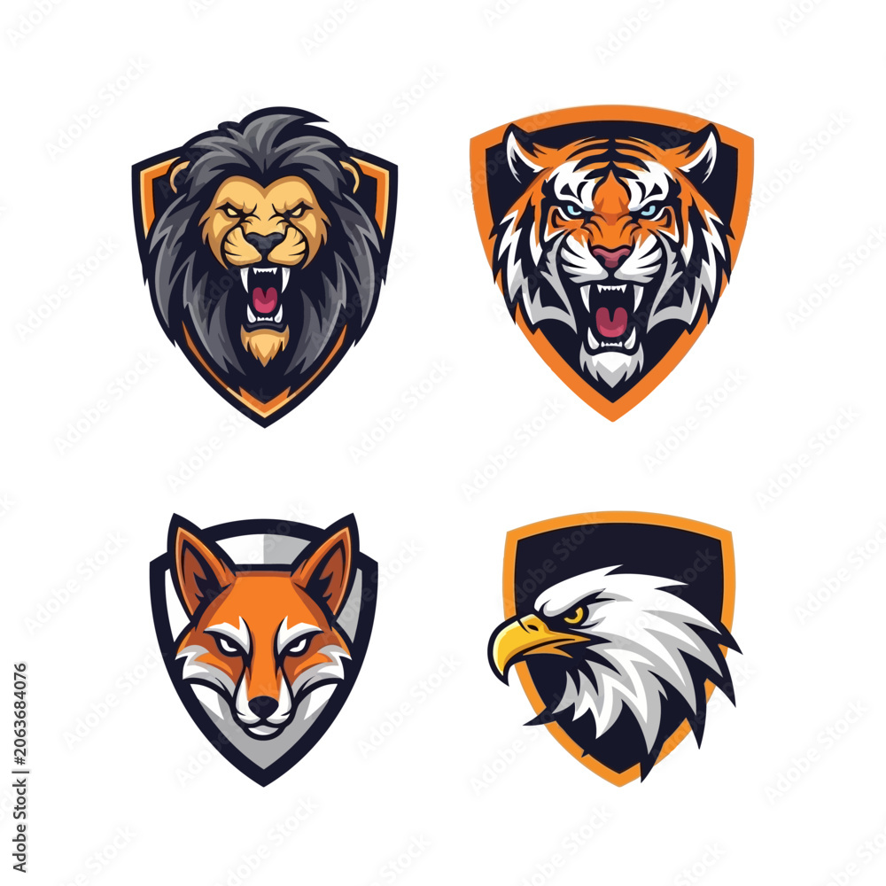 Obraz premium Wild Animal Emblems: Lion, Tiger, Fox, Eagle Shields - Mascot Logos