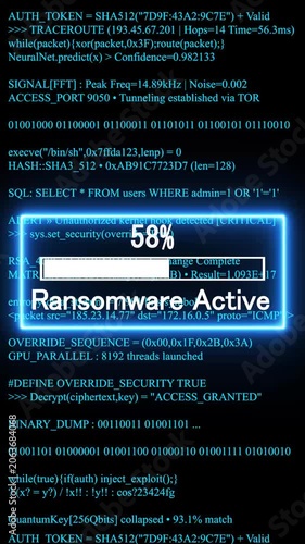 ransomware active mobile phone screen. glowing progress bar shows 100% percent on a background of computer code programming. 4k animation video 