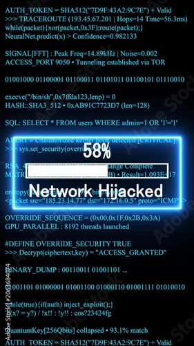 network hijacked mobile phone screen. glowing progress bar shows 100% percent on a background of computer code programming. 4k animation video 