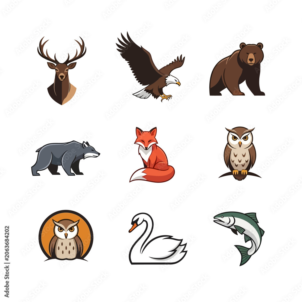 Fototapeta premium Wild Animals Collection: Deer, Eagle, Bear, Fox, Owl, Swan, Wolf, Fish