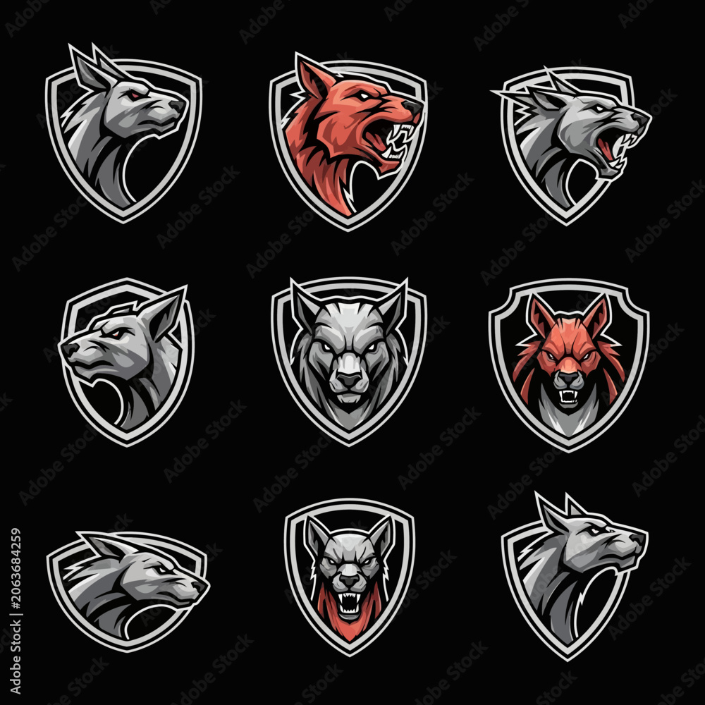 Fototapeta premium Wolf Head Emblems Set, Aggressive Animals, E-sports Logos, Tribal Designs