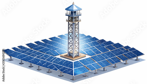 Semi-3D Illustration of a Futuristic Solar Energy Farm with a Central Power Tower and Photovoltaic Panel Array for Sustainable Electricity