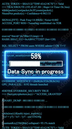 data sync in progress mobile phone screen. glowing progress bar shows 100% percent on a background of computer code programming. 4k animation video 