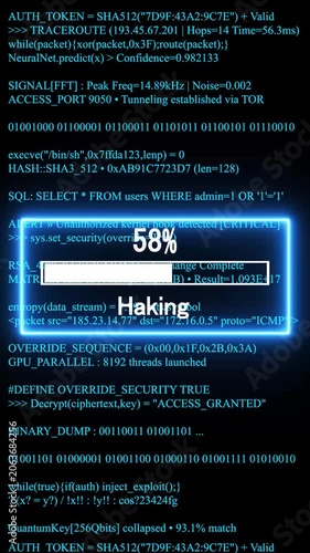 hacking mobile phone screen. glowing progress bar shows 100% percent on a background of computer code programming. 4k animation video 