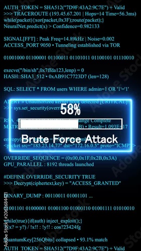 brute force attack mobile phone screen. glowing progress bar shows 100% percent on a background of computer code programming. 4k animation video 