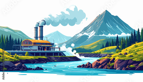 High-tech green hydrogen production plant by mountain river, eco factory illustration