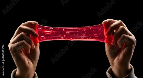 Hands stretching vibrant red slime with air bubbles against black background