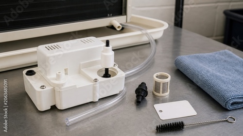 Operation and maintenance of a mechanical device on a worktable in a workshop setting with tools and cleaning supplies used